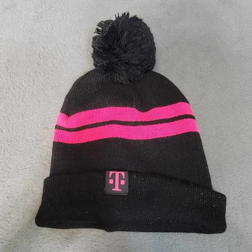 T-Mobile Tuesdays 2018 Winter Hat Black Pink Stripe Knit Pom‎ Pom Magenta
